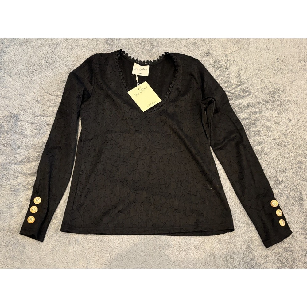NWT Easy Clothes Top Womens S/M Long Sleeve V Neck Black Pullover Lace Buttons